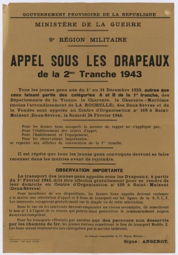 Appel sous les drapeaux de la 2e tranche 1943 / Angenot, général commandant la 9e région militaire ; Gouvernement provisoire de la République.